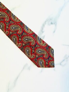 Vintage Liberty of London Red Paisley Silk Tie Navy & Gold 3 1/2” Wide